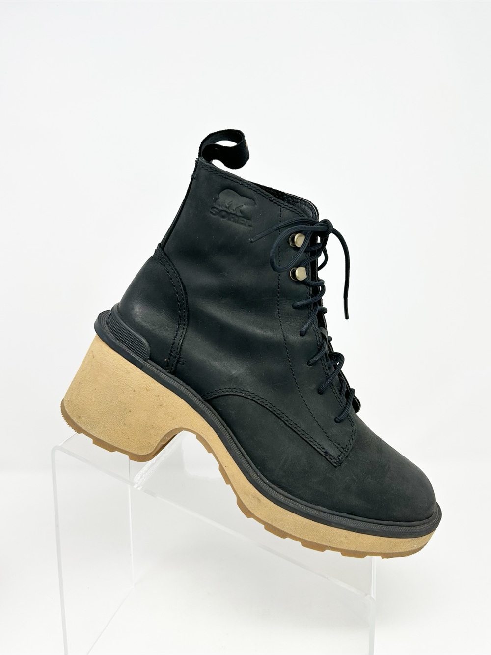 SOREL Womens Combat Boots Black Lace Up Ankle Chunky Tan Lug Sole Size 7
